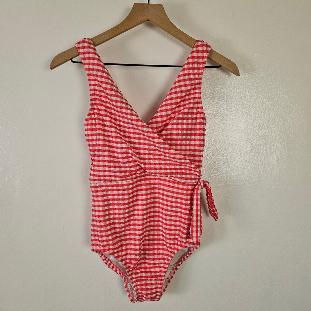 Lands' End Gingham Surplice Seersucker Wrap Front Swimsuit Sz 2 Coral One Piece